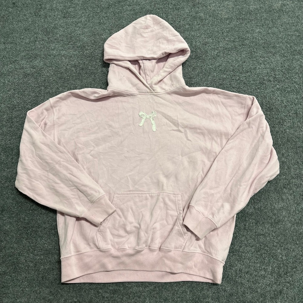 Hollister Hoodie Womens Size M Pink Lace Bow Applique Long Sleeve Pullover Good